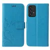 A blue flip cover phone case with a floral and butterfly design is shown open and closed. Produktbild-Vorschau