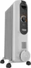 A white and black De'Longhi oil-filled radiator with wheels. Produktbild-Vorschau