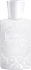 A white perfume bottle with decorative swirls and text. Voir les images du produit