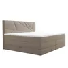 A studio shot of a beige boxspring bed with a geometric headboard. Voir les images du produit
