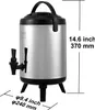 A silver and black beverage dispenser with a black handle and a black tap, standing on three black legs. Dimensions are indicated with lines and text. Produktbild-Vorschau