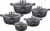 A set of five black pots with speckled exteriors and glass lids, arranged in a staggered formation against a white background. Náhled obrázku produktu