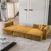 A modern living room with a yellow sectional sofa, a coffee table, and a decorative wall light. Produktbild-Vorschau