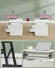 A collage showing two configurations of a white lift-top coffee table, with close-ups of the lifting mechanism and a laptop on the raised surface. Náhled obrázku produktu