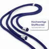 A close-up view of a dark blue fabric cord with silver metal ends, likely a phone lanyard. Produktbild-Vorschau