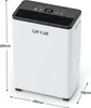A white dehumidifier with a black top panel displaying controls and a digital readout, shown with dimensions indicated by lines and text. Produktbild-Vorschau