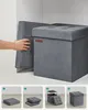 A hand is shown pushing the side of a folded ottoman towards another assembled ottoman, with a collage of four images below showing the steps of assembly. Náhled obrázku produktu