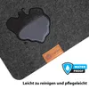 A close-up of a dark gray felt desk mat with a water spill on it, a brown leather logo tag, and a "WATER PROOF" badge. Produktbild-Vorschau