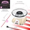 A collage showing a retro-style cream and white cotton candy machine with various accessories and measurements. Produktbild-Vorschau