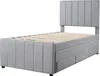 A gray upholstered bed frame with a headboard and drawers is shown against a white background. Produktbild-Vorschau