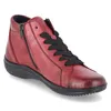 A single red leather boot with black laces and a black sole is shown against a white background. Produktbild-Vorschau
