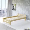 A wooden bed frame is shown in a room with a large window and curtains. Náhled obrázku produktu