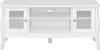 A white TV stand with two glass-doored cabinets and an open shelf in the middle. Podgląd zdjęcia produktu