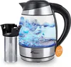 A glass electric kettle with blue LED lighting and a tea infuser next to it, set against a white background. Podgląd zdjęcia produktu