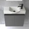 A modern bathroom vanity with a white sink and a gray cabinet against a concrete wall. Produktbild-Vorschau