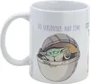 A white ceramic mug with a cartoon illustration of Baby Yoda sleeping in his pod, with text above. Produktbild-Vorschau
