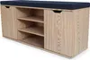 A wooden shoe cabinet with a navy blue upholstered seat on top, shown against a white background. Náhľad obrázku produktu