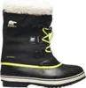 A single black winter boot with white fur trim and yellow laces is shown against a white background.