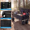A black foldable wagon filled with camping gear, set in a forest environment with a tent in the background. The image is a collage of the main product shot and close-ups of its features. Produktbild-Vorschau
