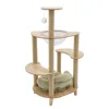 A multi-level cat tree with platforms, a hanging ball toy, a clear bowl-like hammock, and a green pet bed, all made of light-colored wood. Náhled obrázku produktu