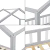 Collage of close-up shots of a light gray wooden house-shaped bed frame, showing construction details and slats. Náhled obrázku produktu