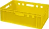 A yellow plastic crate on a white background. Produktbild-Vorschau