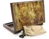 An open backgammon board with a map design on the lid, and a bag of game pieces spilling out. Produktbild-Vorschau