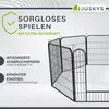 A marketing image showcasing a metal pet playpen with text highlighting its features. Podgląd zdjęcia produktu