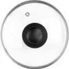 A top-down view of a glass pot lid with a black handle and a silver rim. Podgląd zdjęcia produktu