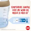 A close-up of a baby bottle with measurement markings and a temperature indicator, alongside marketing text and a brand logo. Produktbild-Vorschau