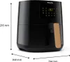 A black Philips Airfryer with a gold handle is shown from a side-angle with dimensions indicated. Produktbild-Vorschau