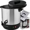 A stainless steel preserving boiler with a black lid and base, shown with its instruction manual and packaging. Anteprima dell’immagine prodotto