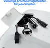 A close-up view of various power cables and adapters stored inside the lid of a white electric cooler box. Produktbild-Vorschau