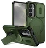 A green phone case with a kickstand and camera cover is shown from multiple angles.