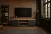 A modern living room with a TV stand, TV, bookshelf, and plants. Produktbild-Vorschau