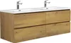 A modern wall-mounted bathroom vanity with a wood-grain finish and a white countertop with two sinks and faucets. Voir les images du produit