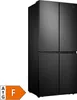 A black Hisense refrigerator with an energy efficiency label in the bottom left corner. Produktbild-Vorschau