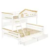 A white and wood bunk bed with a house-shaped top and storage drawers underneath, shown against a white background. Produktbild-Vorschau