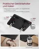 A product image showing a black bedside table attachment with a headphone hook and a cup holder, with text and diagrams explaining its features. Produktbild-Vorschau