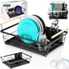 A collage of images showcasing a black dish drying rack with wooden handles, filled with various kitchenware like plates, cups, and cutlery. Additional images show the product's packaging and a smaller, empty version of the rack. Náhľad obrázku produktu