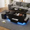 A modern living room scene featuring a black lift-top coffee table with storage and LED lighting, accompanied by two black ottomans, placed on a gray rug in front of a gray sectional sofa. Anteprima dell’immagine prodotto
