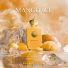 A perfume bottle is surrounded by ice, mango slices, and rocks, with a smoky orange background. Produktbild-Vorschau