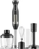 A set of kitchen appliances including an immersion blender, a whisk attachment, a chopper attachment, and a beaker, all arranged on a white background. Podgląd zdjęcia produktu