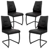 Four black dining chairs on a white background.
