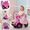 A collage of images showing a child playing with a pink ride-on car in a nursery setting. Produktbild-Vorschau