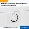 Close-up of a temperature control dial on a white appliance, with marketing text above and a brand logo at the bottom right. Produktbild-Vorschau