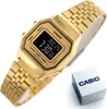 A gold Casio Vintage digital watch is shown on a white background, with its original box nearby. Podgląd zdjęcia produktu