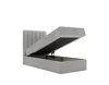 A light gray upholstered bed frame with the storage compartment open, showing the mattress and topper inside. Produktbild-Vorschau