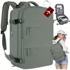 Collage of a grey travel backpack shown from different angles, with a woman wearing a similar backpack and a view of the inside of an open backpack. Podgląd zdjęcia produktu