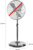 A chrome stand fan is shown against a white background with measurement indicators. Podgląd zdjęcia produktu